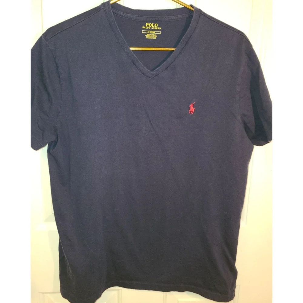 Polo Ralph Lauren‎ T Shirt Men Medium Blue V Neck Red Pony Preppy Casual Summer